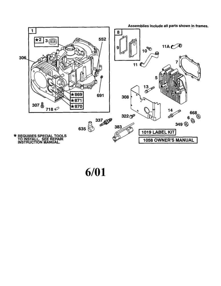 Cylinder Diagram and Parts List for 28B700-28B799 0001-0008-0009 Briggs and Stratton Engine